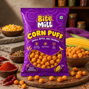 Bite Mill Spicy Masala Corn Puffs air fried snack packet